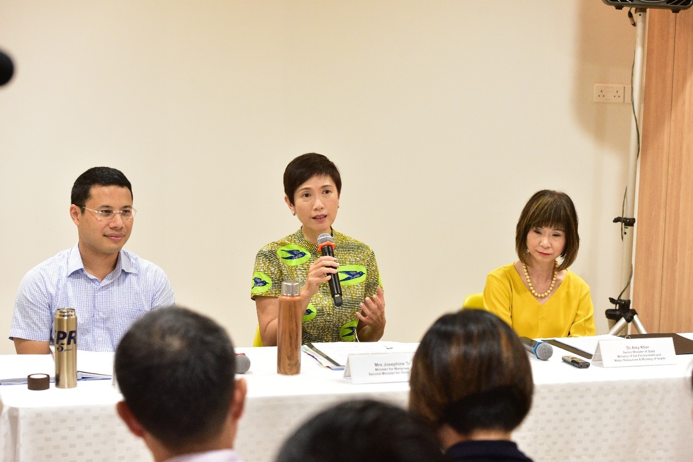 (From left) Minister Desmond Lee, Minister Josephine Teo and SMS Dr Amy Khor addressing the media during the Joint-Ministerial media conference on Marriage and Parenthood at My First Skool.
